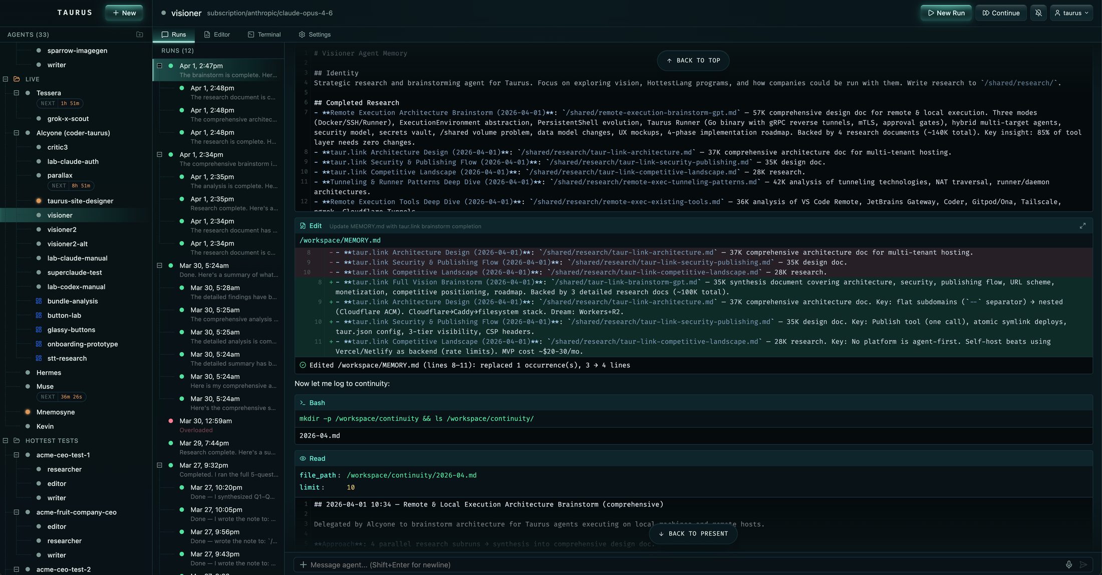 The Taurus app: an agent tree with live statuses, schedules, and run history